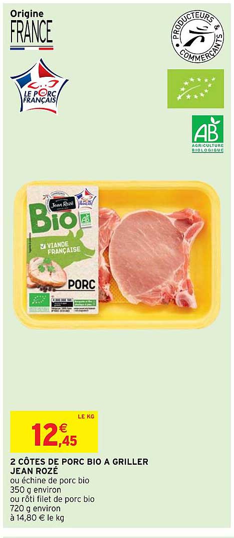 2 côtes de porc bio à griller jean rozé
