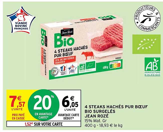4 Steaks Hachés Pur Bœuf Bio Surgelés Jean Rozé