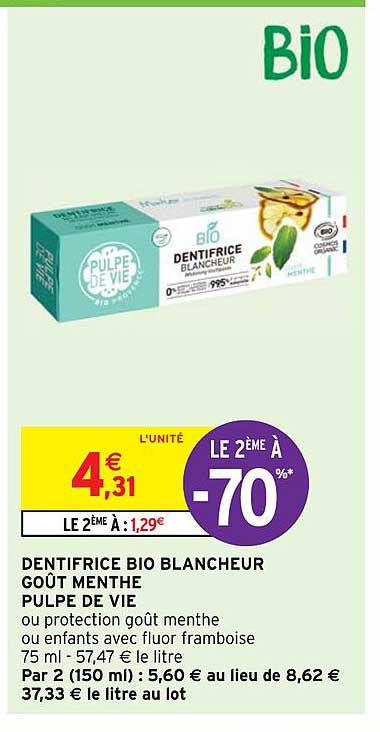 Dentifrice Bio Blancheur Goût Menthe Pulpe De Vie