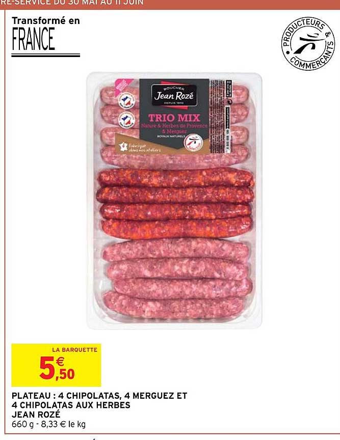 plateau : 4 chipolatas, 4 merguez et 4 chipolatas aux herbes jean rozé