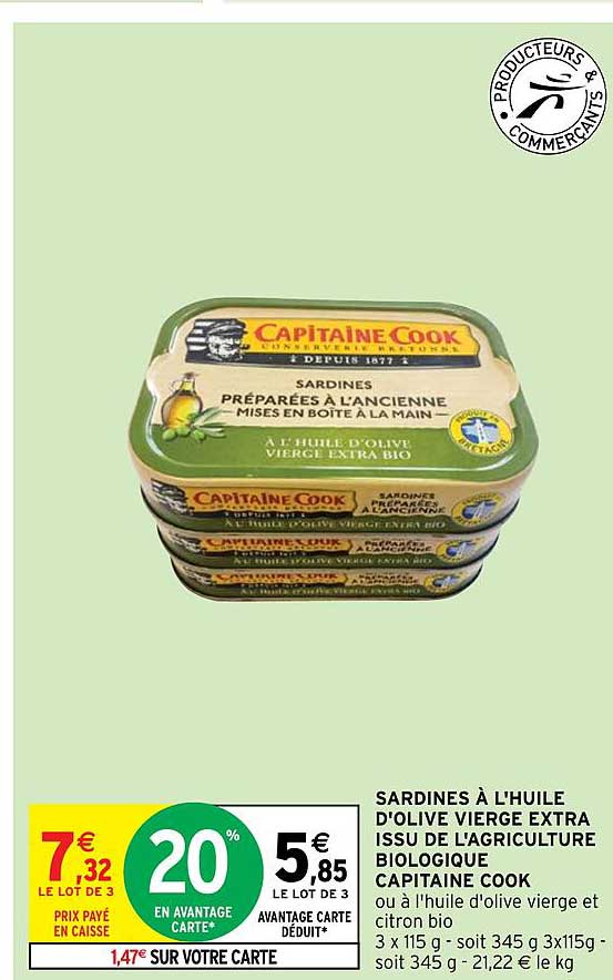 sardines à l'huile d'olive vierge extra issu de l'agriculture biologique capitaine cook