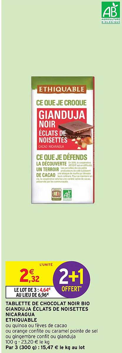 tablette de chocolat noir bio gianduja éclats de noisettes nicaragua éthiquable