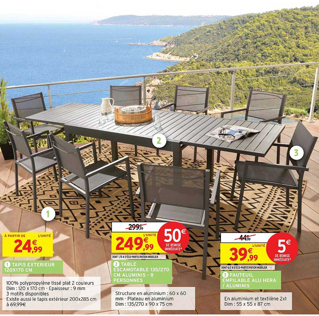 tapis extérieur 120 x 170 cm, table escamotable 135-270 cm aluminis - 6 personnes, fauteuil empilable alu hera-aluminis