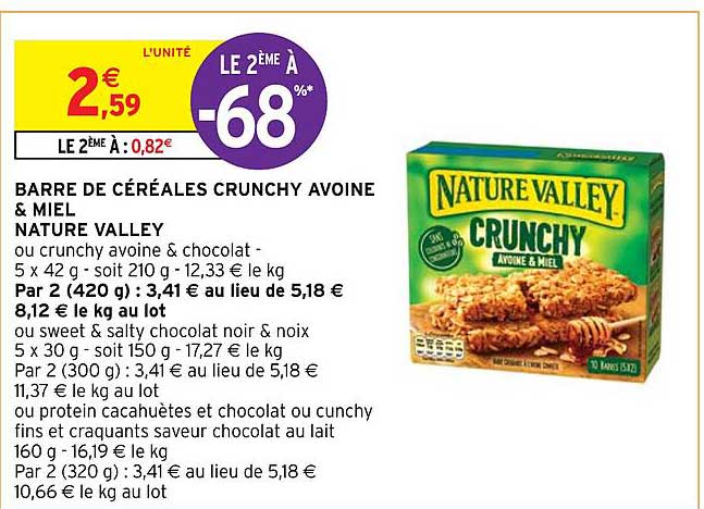 barre de céréales crunchy avoine & miel nature valley