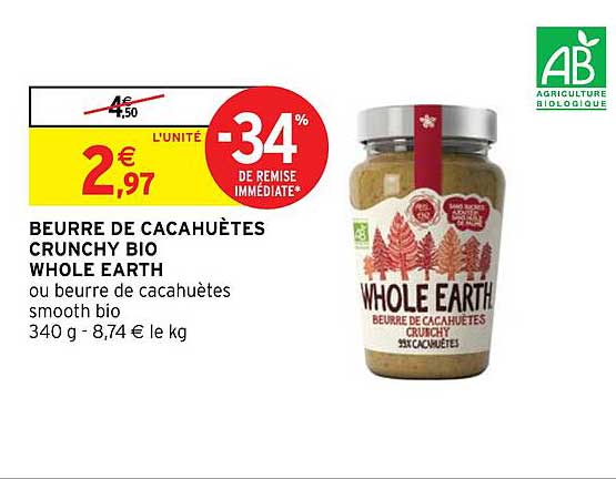beurre de cacahuètes crunchy bio whole earth