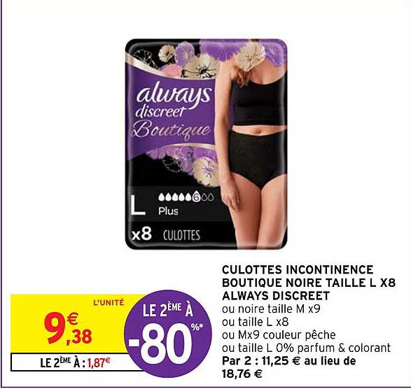 culottes incontinence boutique noire taille l x 8 always discreet