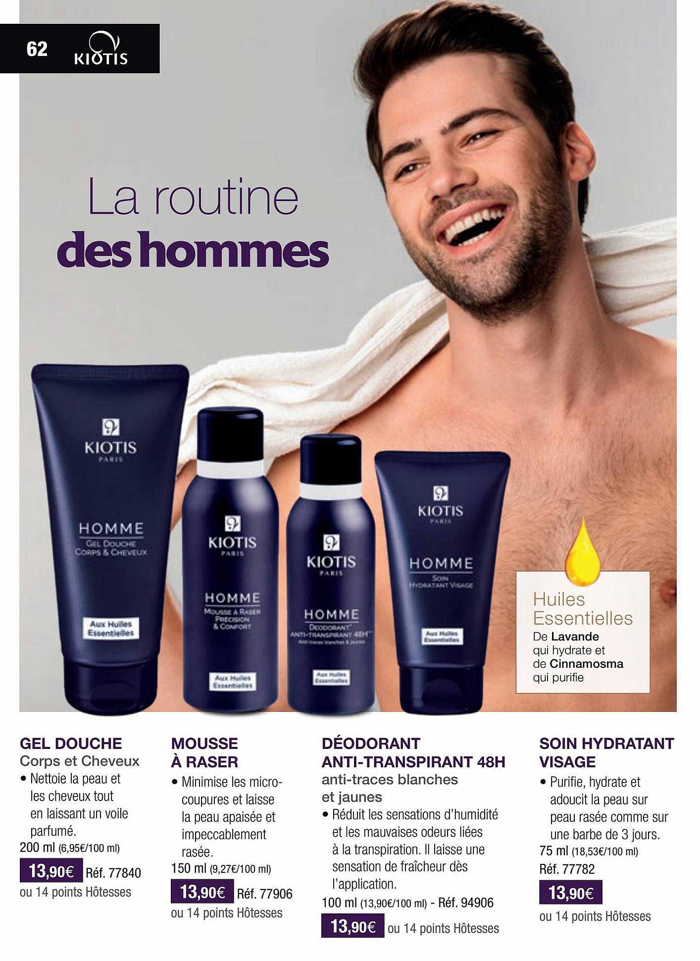 gel douche kiotis, mousse à raser kiotis, déodorant anti-transpirant 48h kiotis, soin hydratant visage kiotis