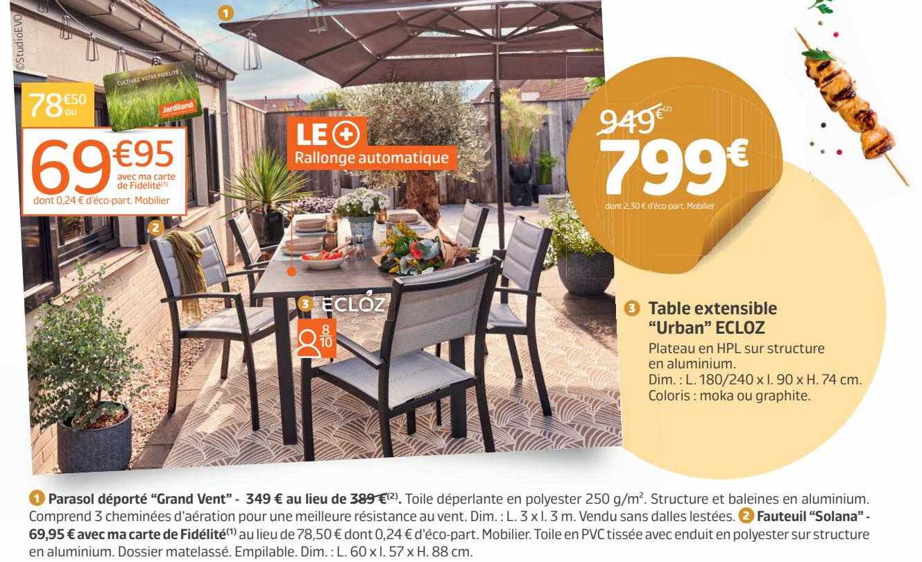 parasol déporté "grand vent", fauteuil "solana", table extensible "urban" ecloz