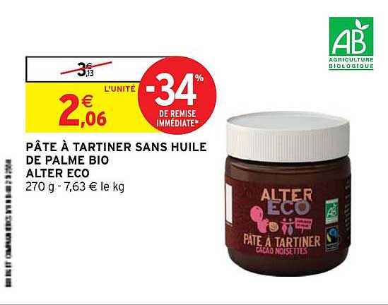 pâte à tartiner sans huile de palme bio alter éco