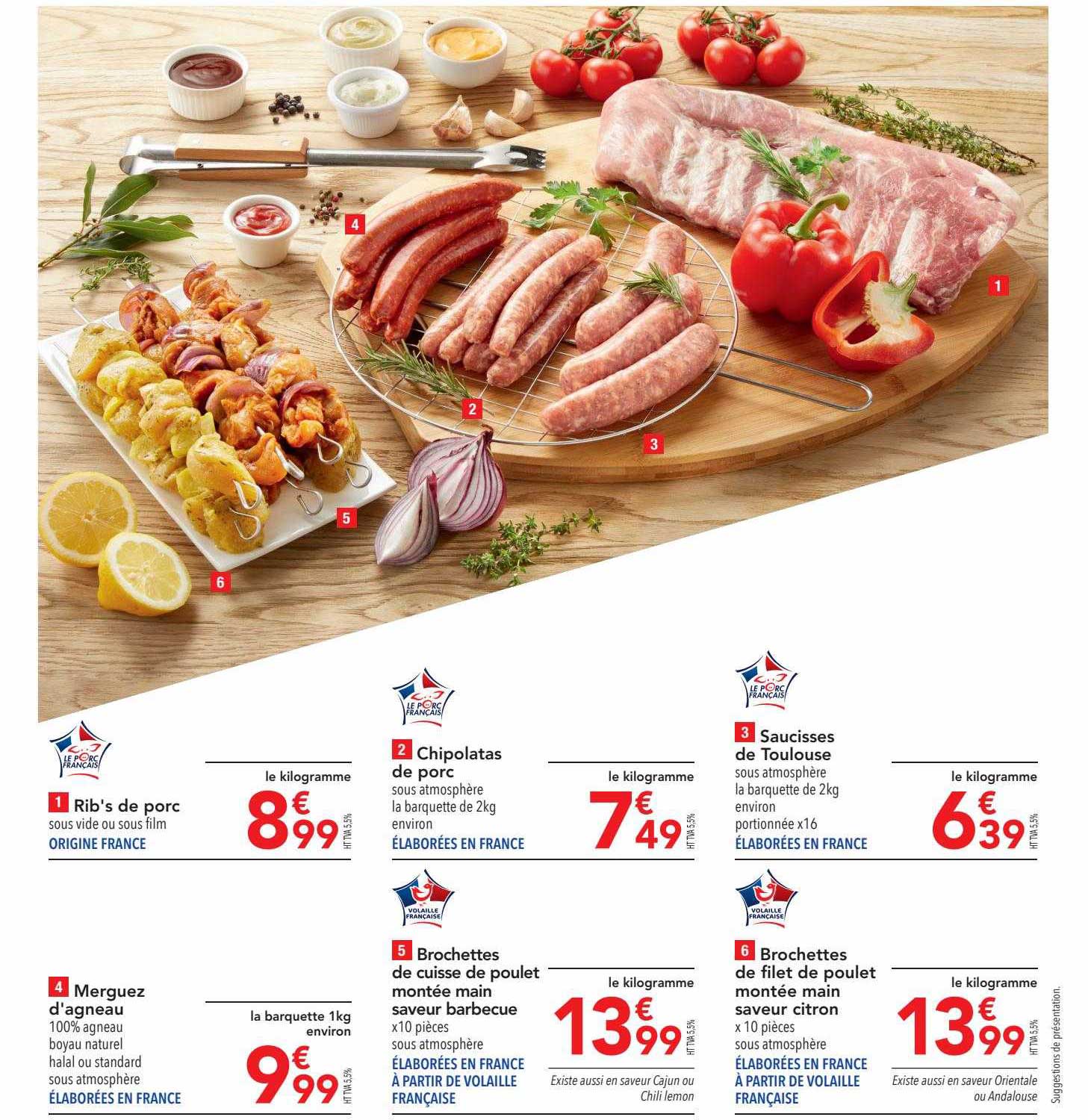 rib's de porc, chipolatas de porc, saucisses de toulouse, merguez d'agneau, brochettes de cuisse de poulet montée main saveur barbecue, brochettes de filet de poulet montée main saveur citron