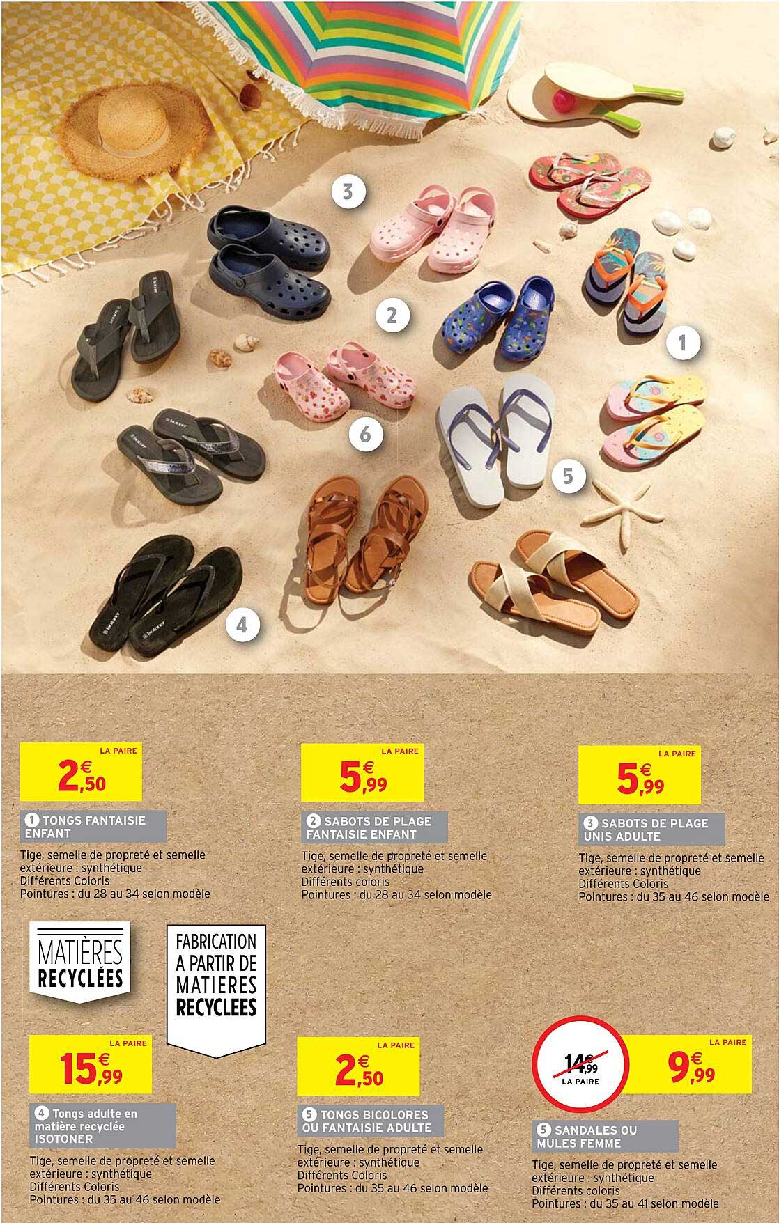 tongs fantaisie enfant, sabots de plate fantaisie enfant, sabots de plage unis adulte, tongs adulte en matière recyclée isotoner, tongs bicolores ou fantasie adulte, sandales ou mules femme