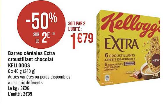 Barres Céréales Extra Croustillant Chocolat Kelloggs -50% Sur Le 2e