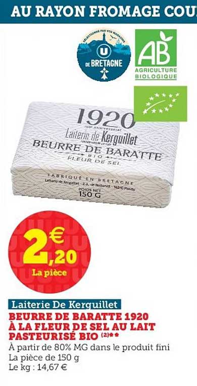 beurre de baratte 1920 à la fleur de sel au lait pasteur bio laiterie de kerguillet