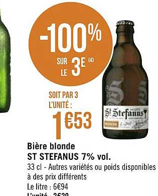 bière blonde st stefanus 7% vol. -100% sur le 3e