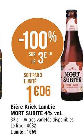 bière kriek lambic mort subite 4% vol. -100% sur le 3e