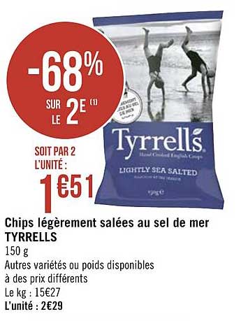 chips légèrement salées au sel de mer tyrrells -68% sur le 2e