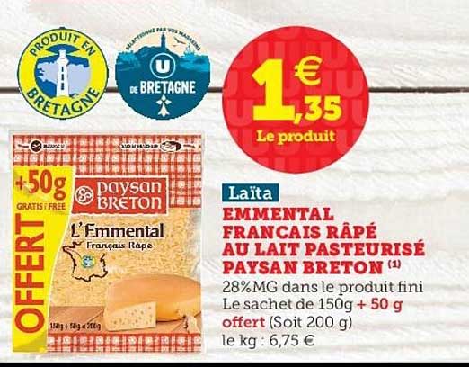 emmental français râpé au lait pasteurisé paysan breton laïta
