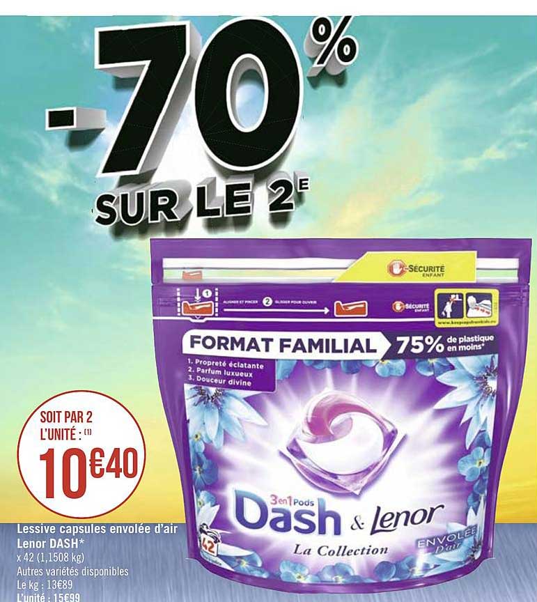 lessive capsules envolée d'air lenor dash -70% sur le 2e