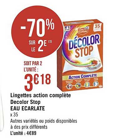 lingettes action complète decolor stop eau ecarlate -70% sur le 2e