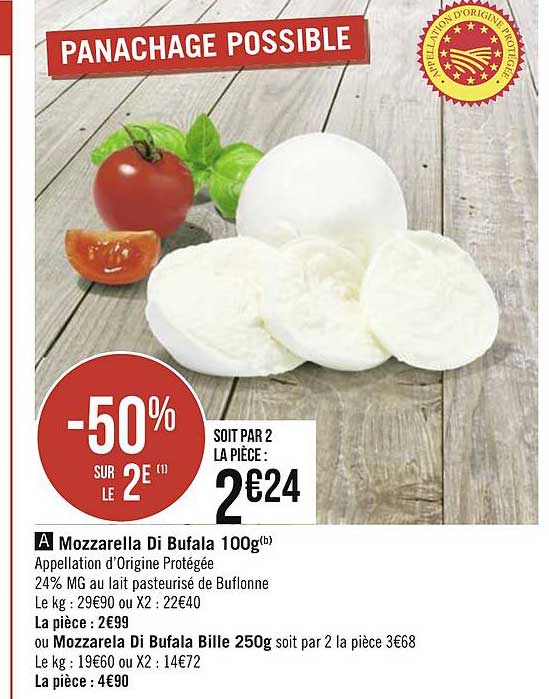 mozzarella di bufala 100g -50% sur le 2e