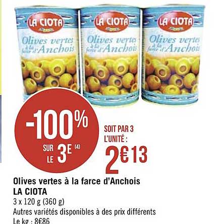 olives vertes à la farce d'anchois la ciota -100% sur le 3e