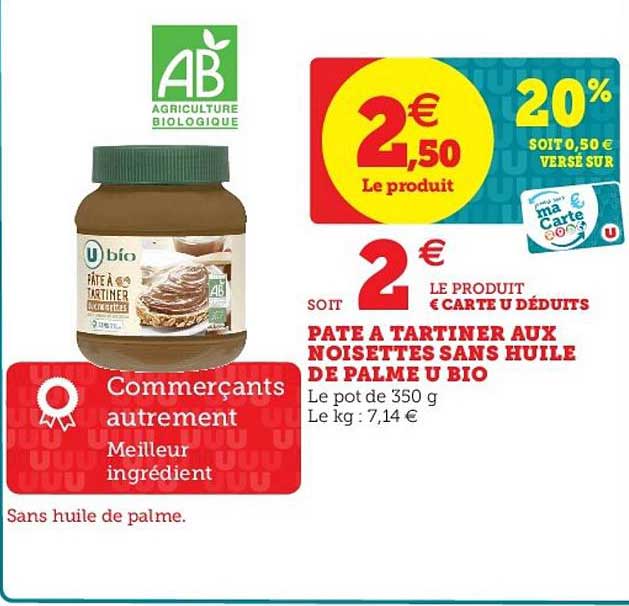 Pate à Tartiner Aux Noisettes Sans Huile De Palme U Bio