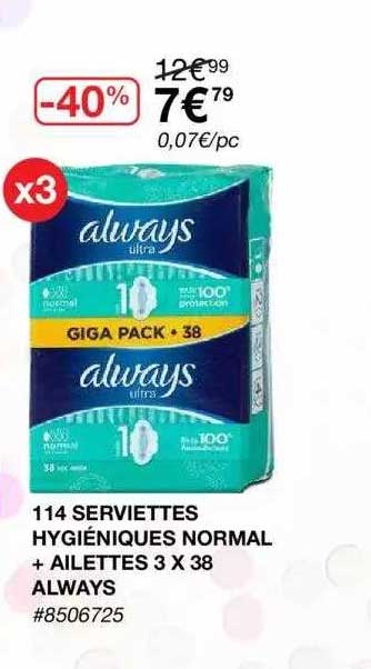 114 serviettes hygiéniques normal + ailettes 3 x 38 always