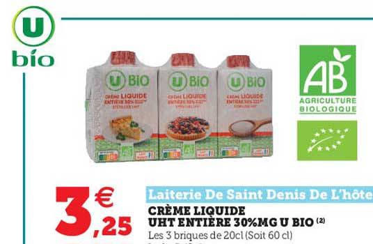 crème liquide uht entière 30% mg u bio laiterie de saint denis de l'hôte