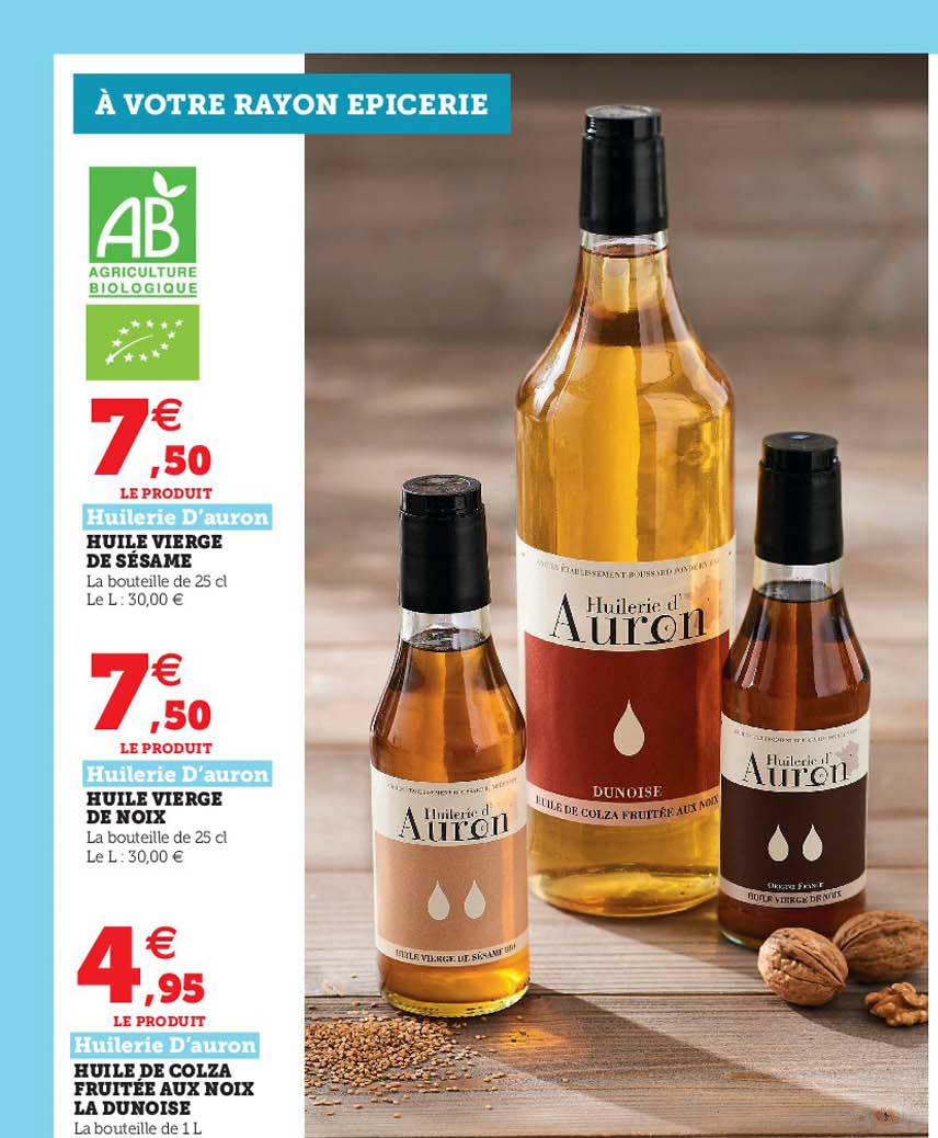 huile vierge de sésame, huile vierge de noix, huile de colza fruitée aux noix la dunoise huilerie d'auron