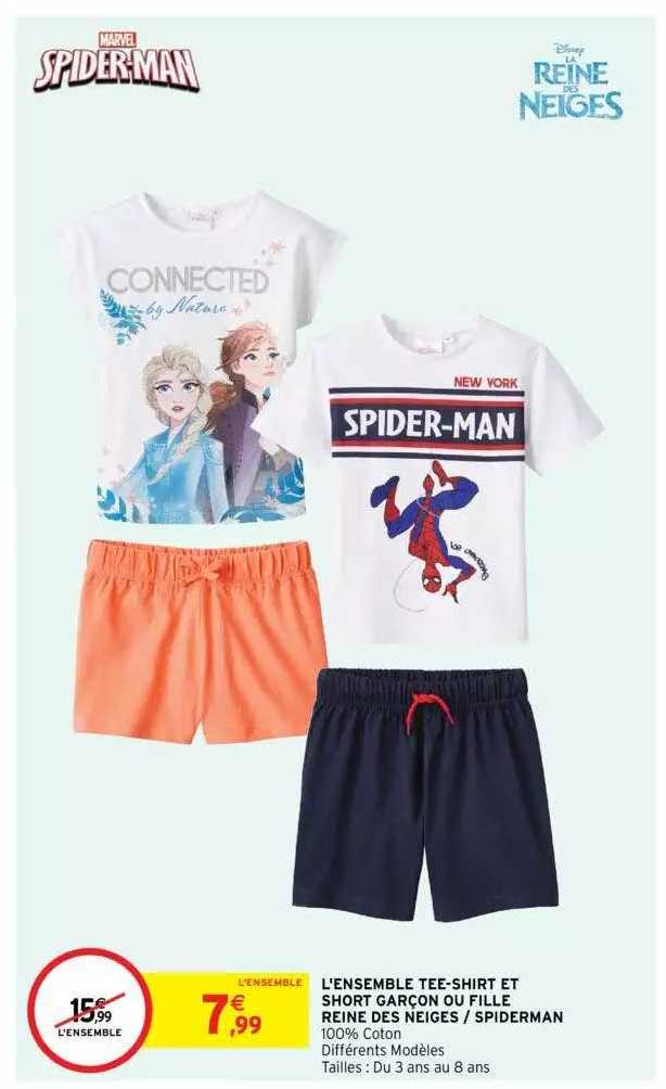 l'ensemble tee-shirt et short garçon ou fille reines de neiges spiderman