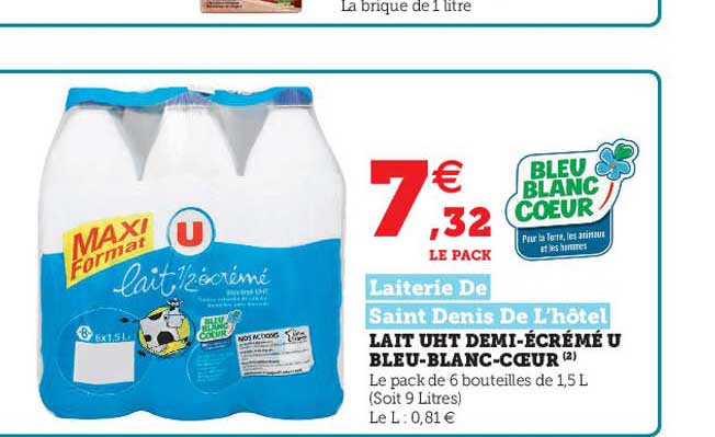 lait uht demi-écrémé u bleu-blanc-cœur laiterie de saint denis de l'hôtel