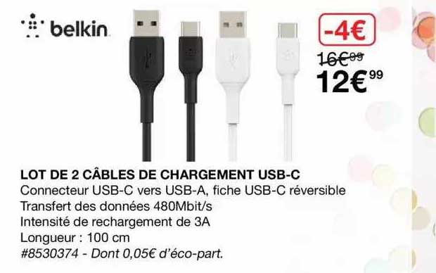 lot  de 2 câbles de chargement usb-c belkin