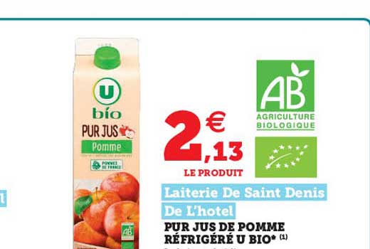 pur jus de pomme réfrigéré u bio laiterie de saint denis de l'hotel