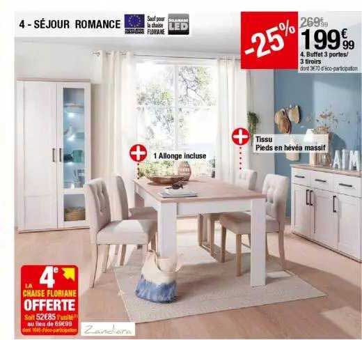 séjour romance : buffet 3 portes - 3 tiroirs, chaise floriane