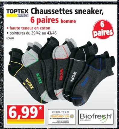 toptex chaussettes sneaker 6 paires homme