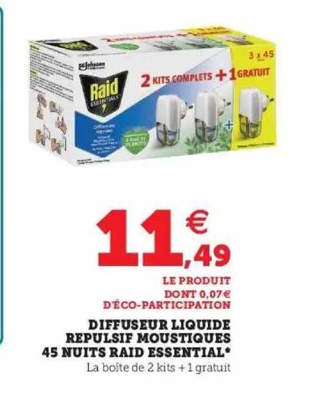 diffuseur liquide repulsif moustiques 45 nuits raid essential