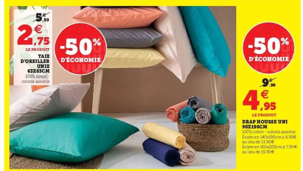 Taie D'oreiller Unie 63 X 63 Cm, Drap Housse Uni 90 X 190 Cm