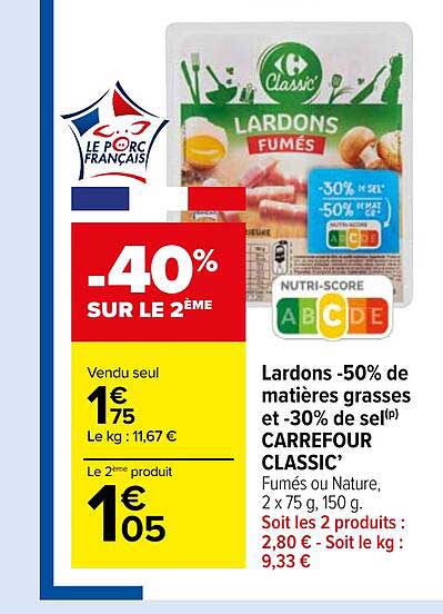 lardons -50% de matières grasses et -30% de sel carrefour classic'