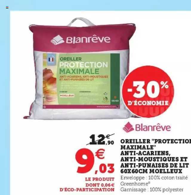 oreiller "protection maximale" anti-acariens, anti-moustiques et anti-punaises de lit 60 x 60 cm moelleux blanrêve