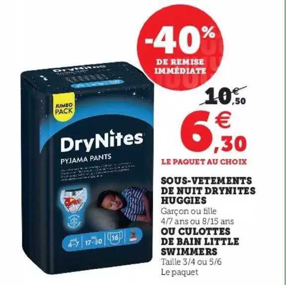 sous-vêtements de nuit drynites huggies ou culottes de bain little swimmers