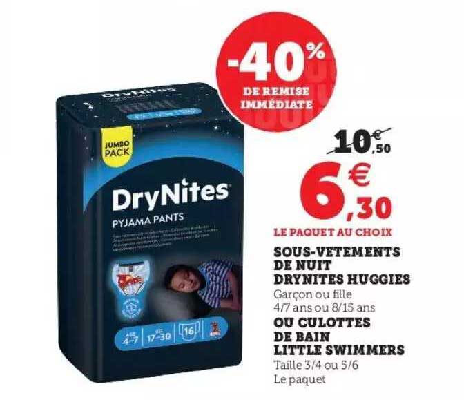 sous-vêtements de nuit drynites huggies ou culottes de bain little swimmers