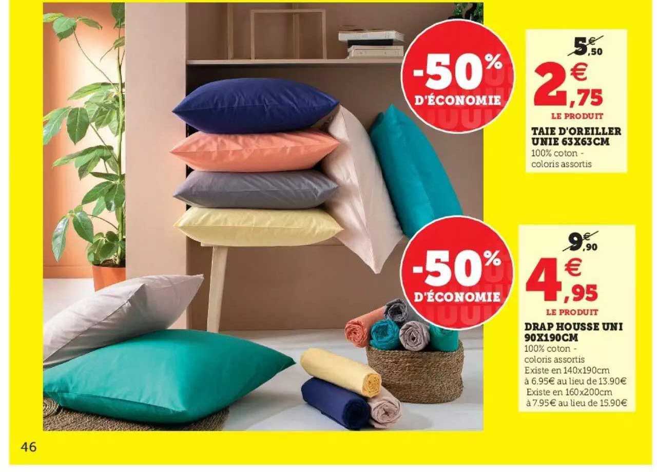 taie d'oreiller unie 63 x 63 cm, drap housse uni 90 x 90 cm