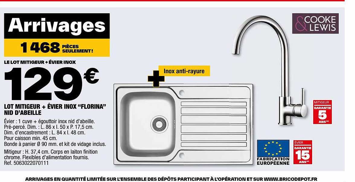 Cooke & Lewis Lot Mitiguer + évier Inox "florina" Nid D'abeille