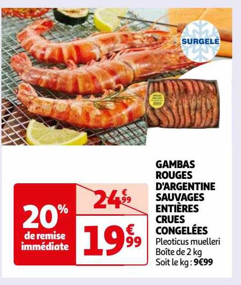 gambas rouges d'argentine sauvages entières crues congelées