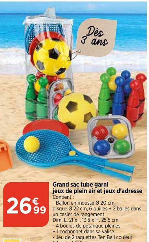 grand sac tube garni jeux de plein air et jeux d'adresse