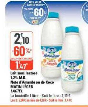 lait sans lactose note d'amande ou de coco matin léger lactel