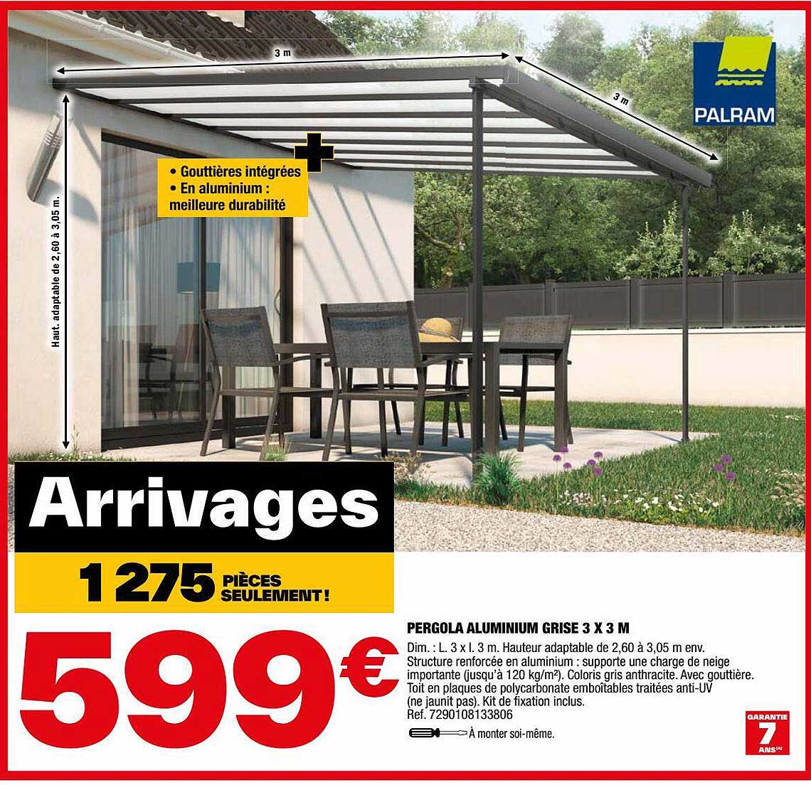 Pergola Aluminium Grise 3 X 3 M
