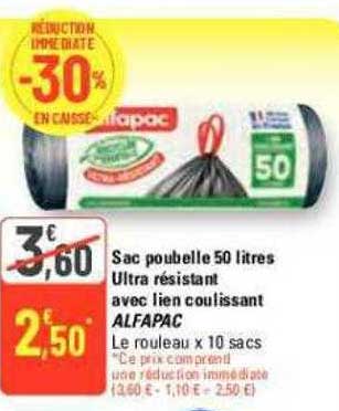 sac poubelle 50 litres ultra résistant avec lien coulissant alfapac