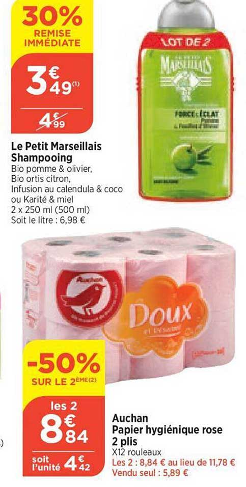 shampooing le petit marseillais, papier hygiénique rose 2 plis auchan