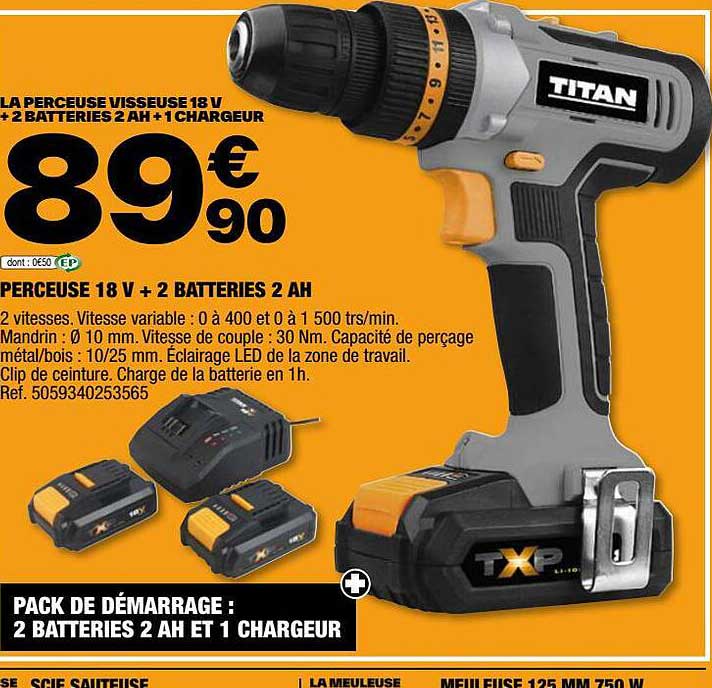 Titan Perceuse 18 V + 2 Batteries 2 Ah